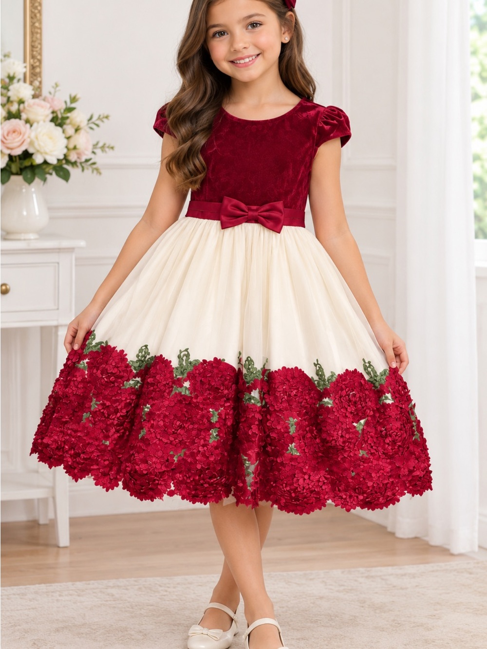 American Princess Red and Cream Floral Applique Tulle Dress.size 8.